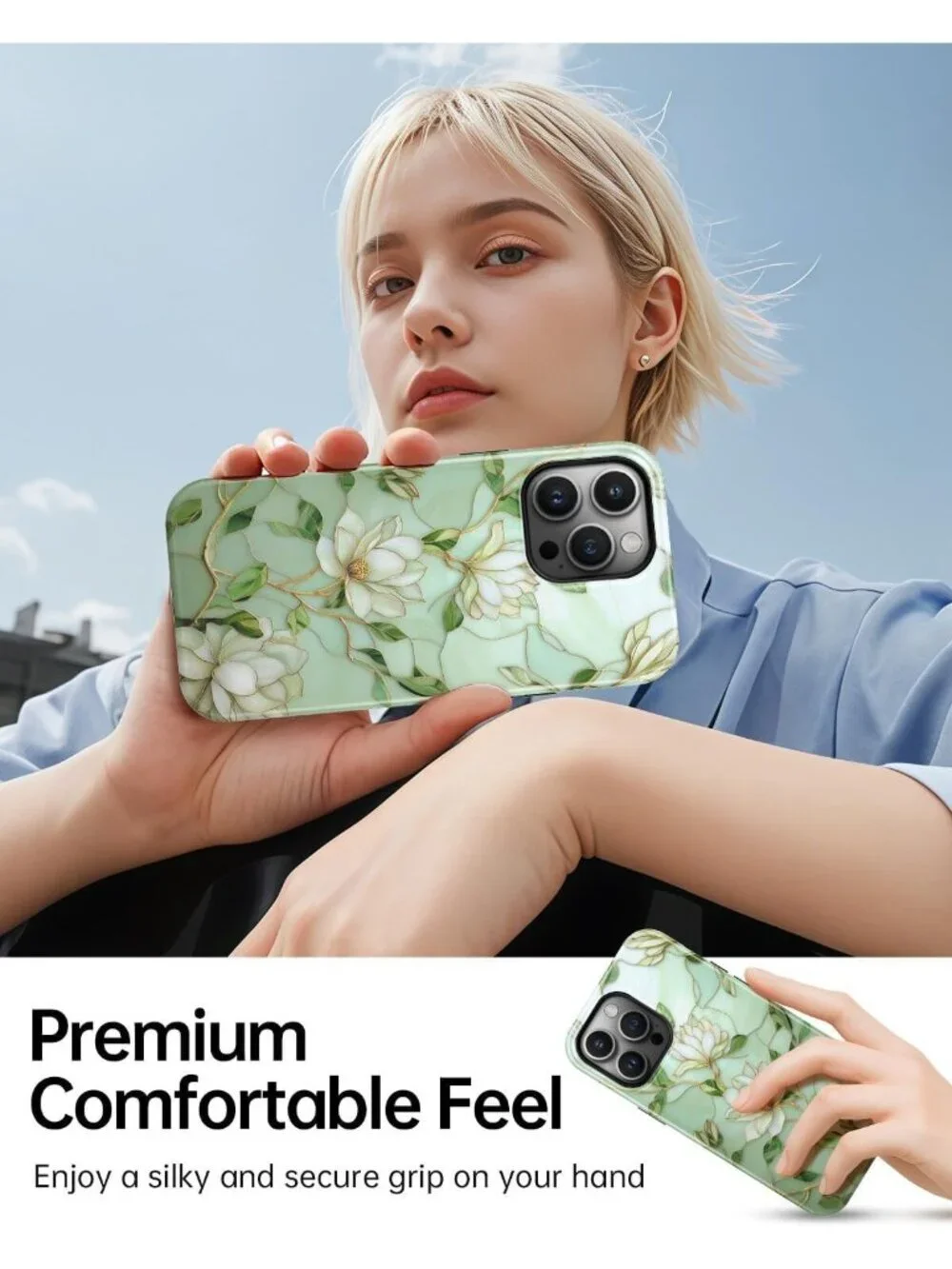 Elegant Green Floral Stained Glass iPhone 15 Pro Case, Slim & Shockproof